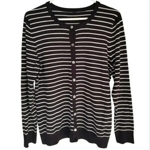 Jones New York Black White Striped Cardigan Classic Stretch Button Front Size L